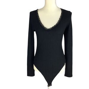 American Eagle Long Sleeve Black Bodysuit Leotard waffle Knit Lace Women Size L